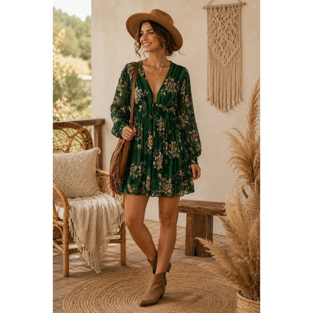 New Romantics FREE PEOPLE Midnight Blooms Dress Green Floral Embroidered Small